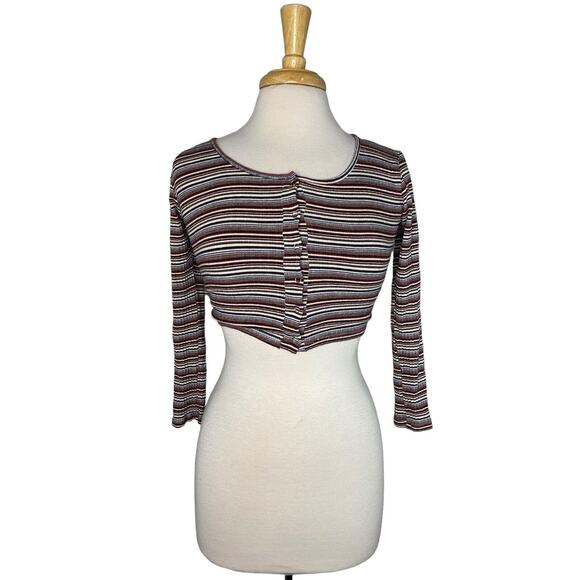 EARTHBOUND TRADING Brown White Ribbed Crop Long Sleeve Snap Tee Size Small Women - Picture 1 of 10
